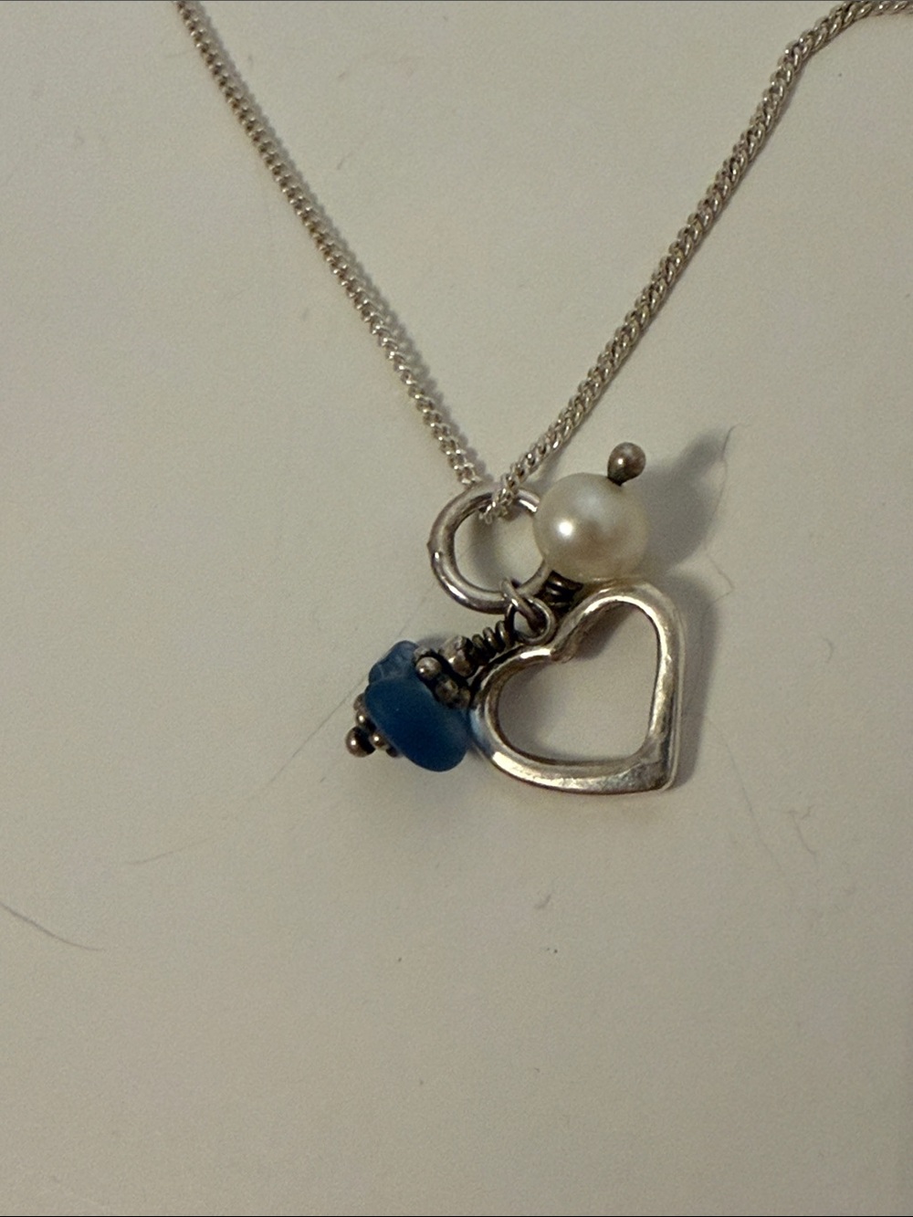 NECKLACE STERLING SILVER 925 CHAIN HEART FRESHWATER PEARL BLUE GLASS PENDANT 18”